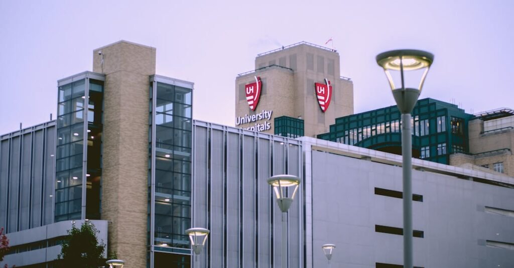 View of University Hospitals building in Cleveland, OH against a clear sky.